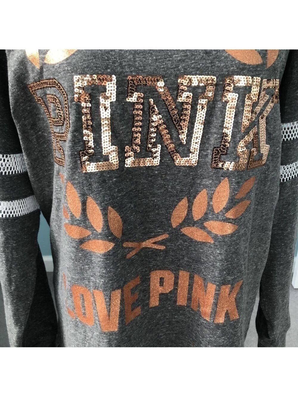 Victoria's Secret Pink Bling Campus Long Sleeve Tee Heather Gray Rose Gold Small - Picture 12 of 13